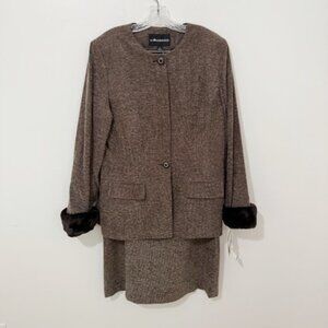 Vintage Sag Harbor 2 Pc Brown Skirt Suit Set Black Faux Fur Cuffs Size 16 NWT